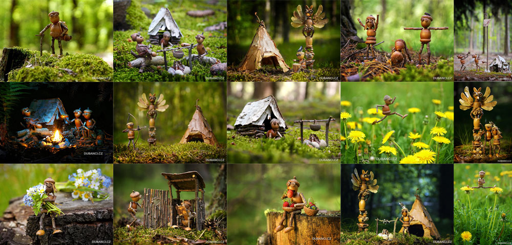 Camping postcards with acorn elves